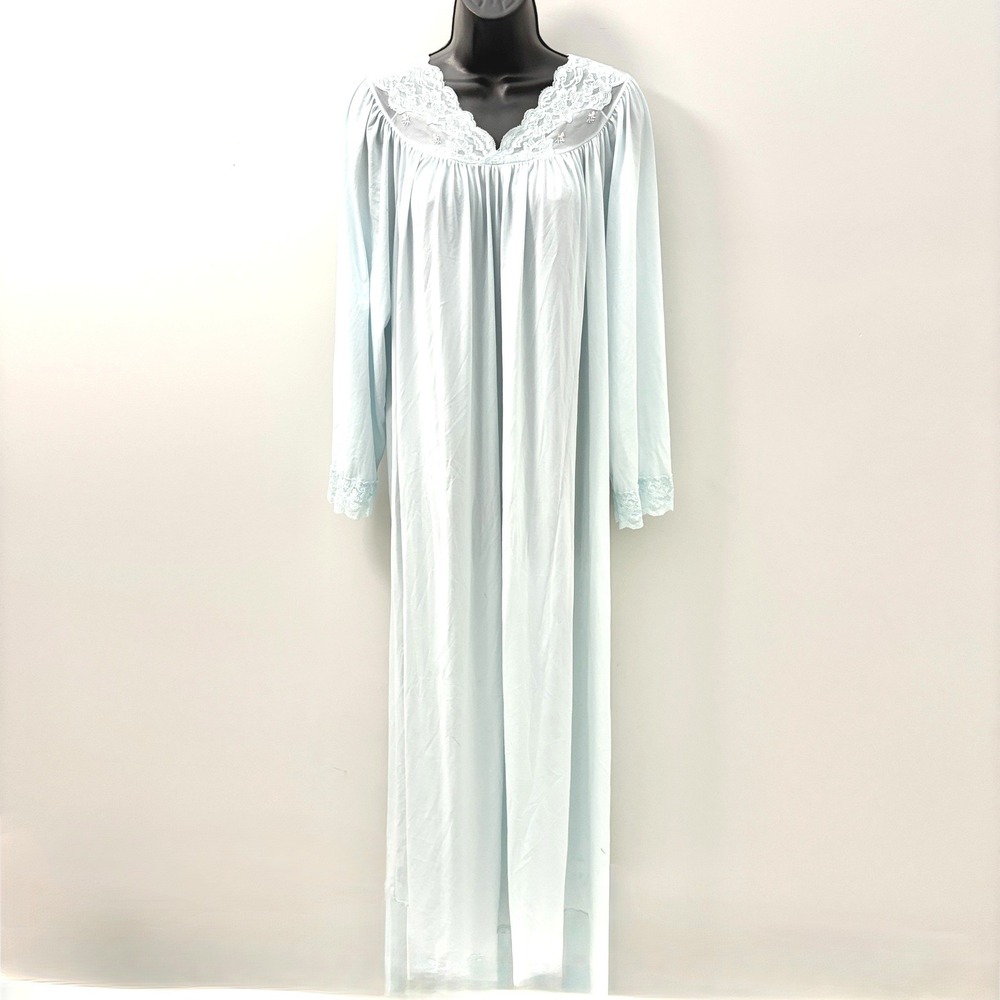 Shadowline Vintage Nightgown Lace Embroidered Long Sleeve XL Light Blue